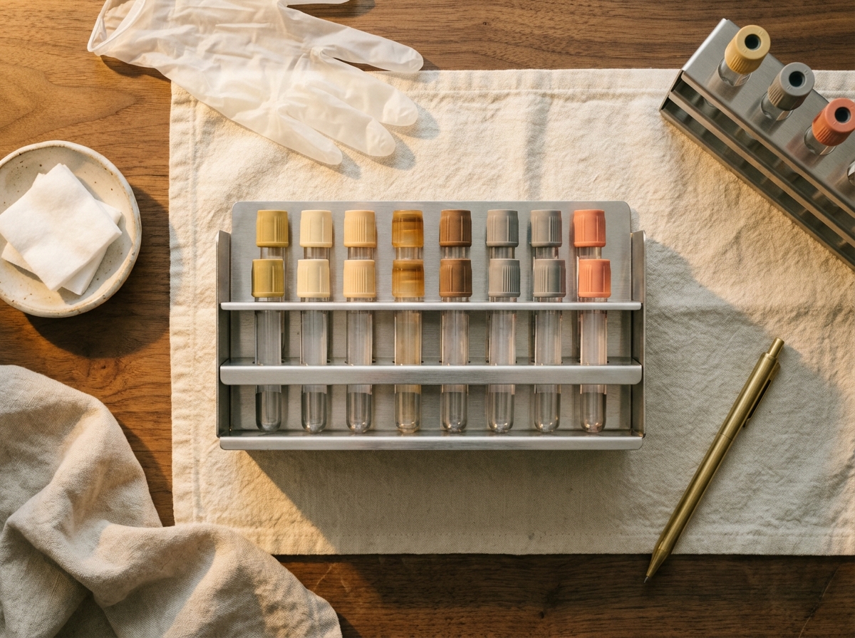 Overhead view of a stainless-steel blood sample rack with tubes in arq. palette colours