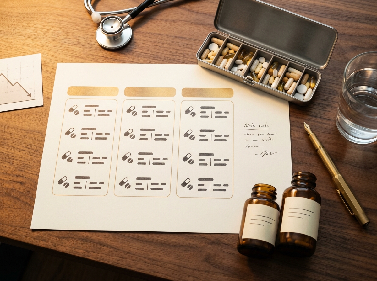 A cream protocol folder with amber supplement bottles and a wax-sealed envelope on linen