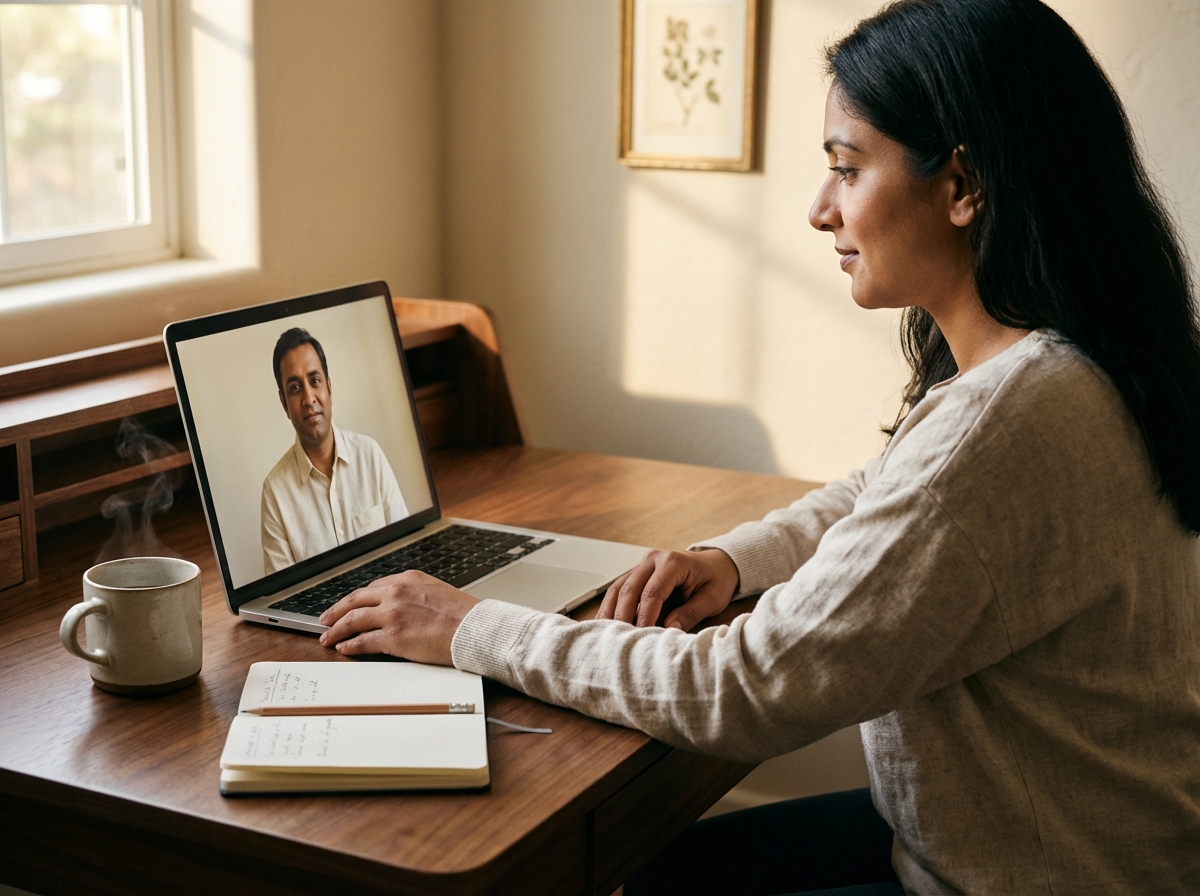 An arq. physician in a warm linen shirt consulting with a patient in a sunlit minimalist room